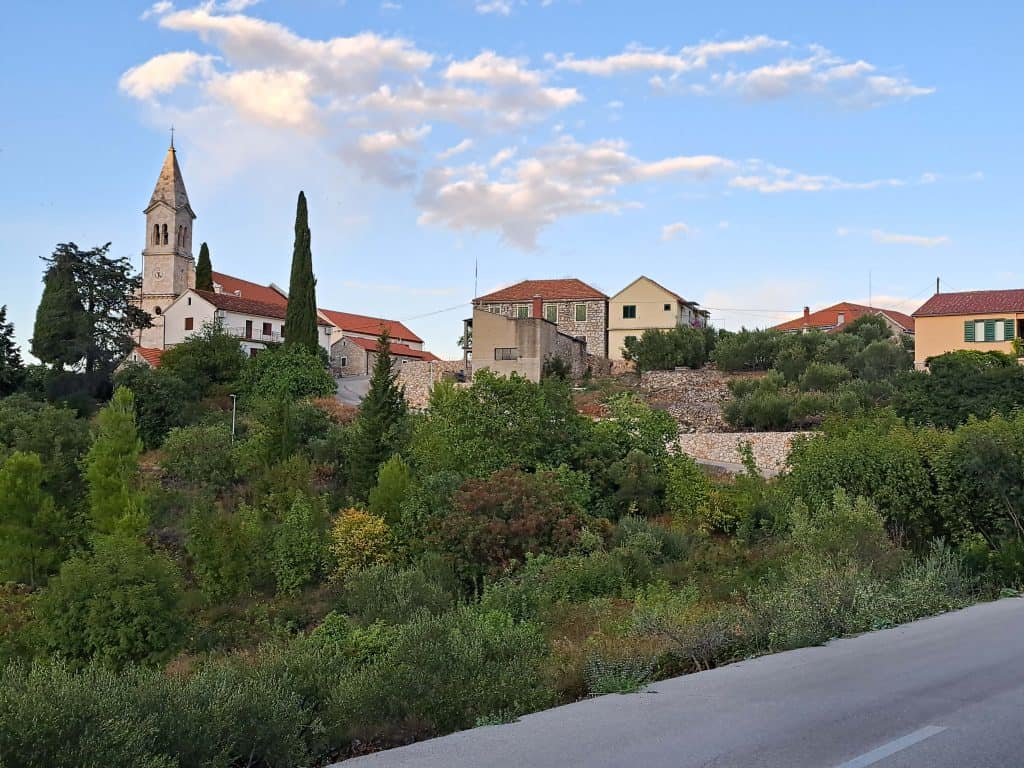 The village of Dol with its bell tower above the wooded hillside