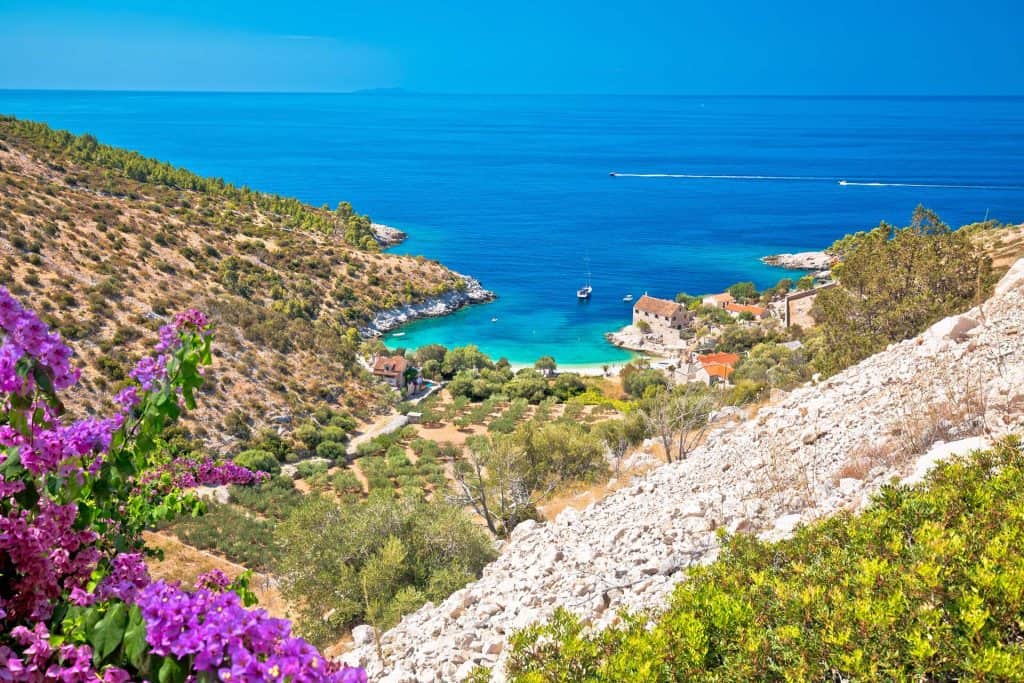 Dubovica bay seen from the coast road above, framed by bougainvillea