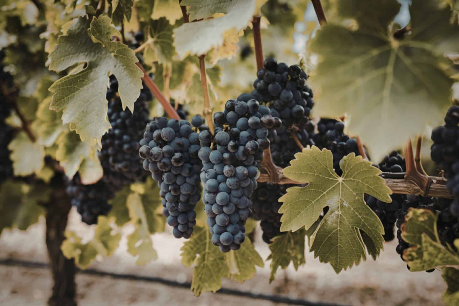 Dark grapes among leaves