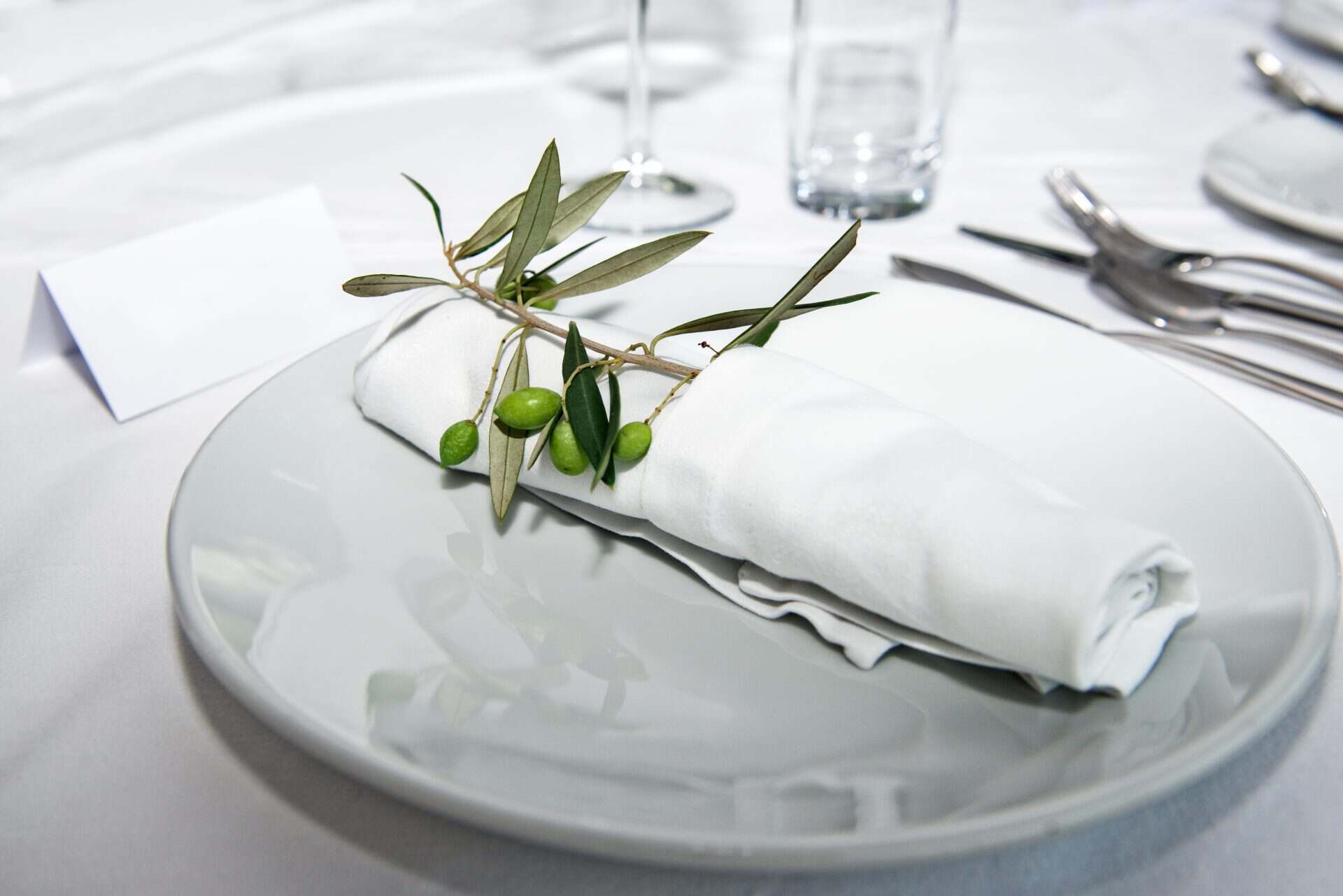 Place setting with an olive branch laid on a folded napkin