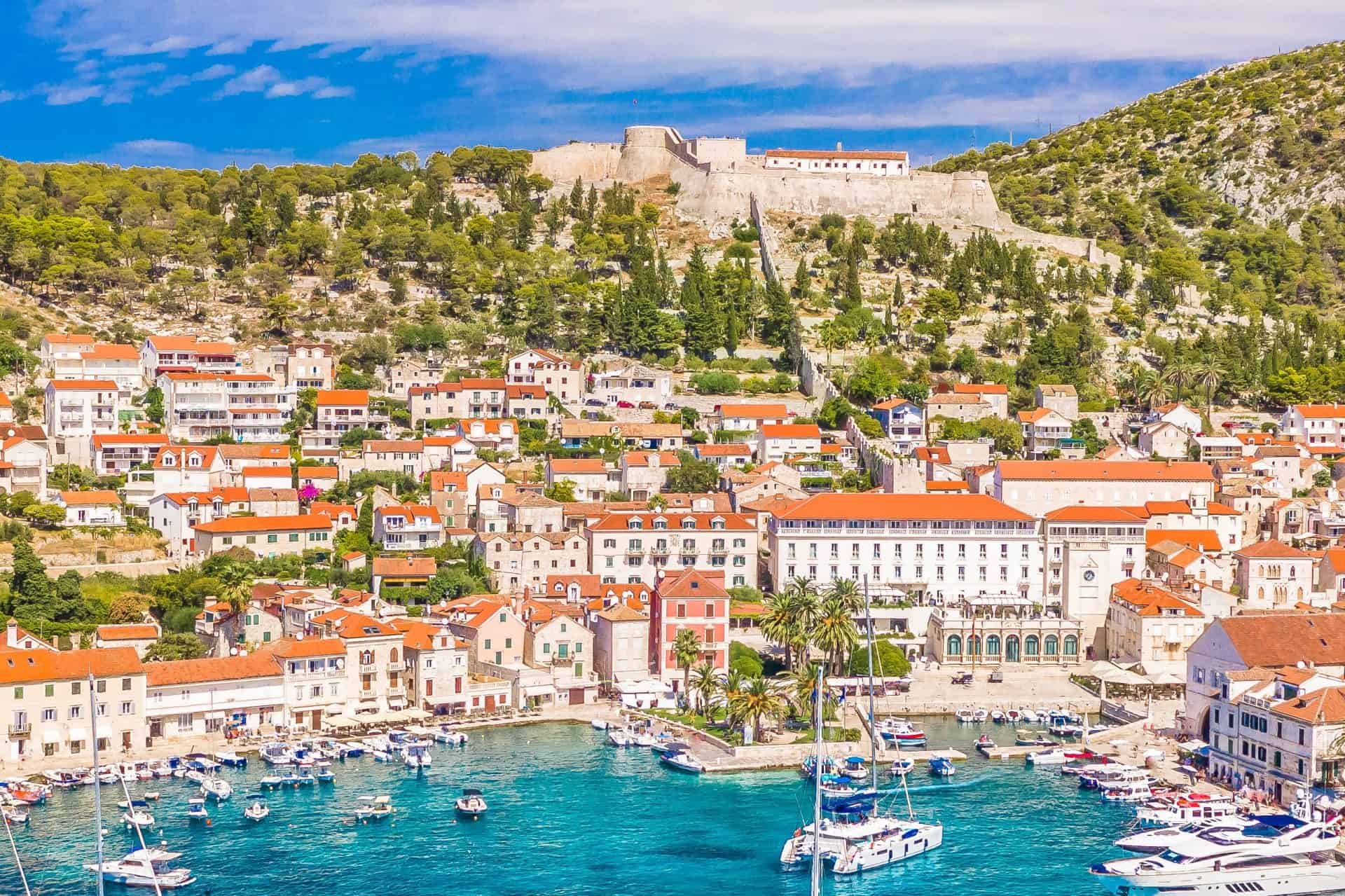The fortress above Hvar town with the harbour and the Pakleni islands beyond
