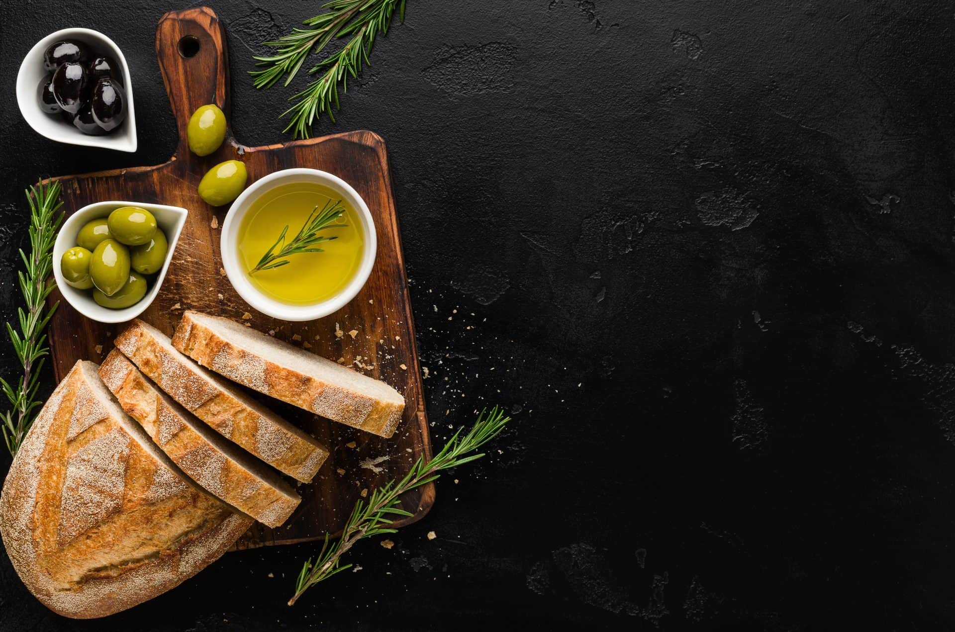 Olive oil olives and bread
