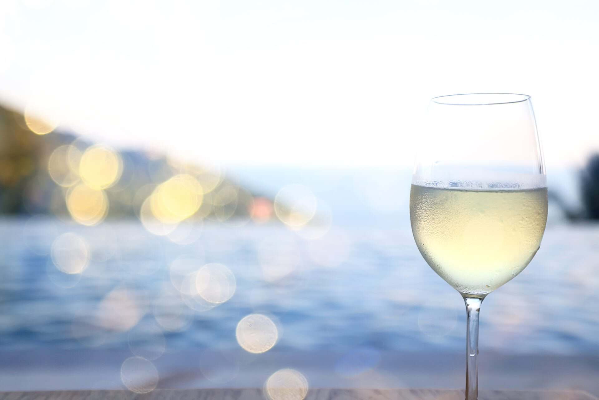 A glass of white wine with the sea behind