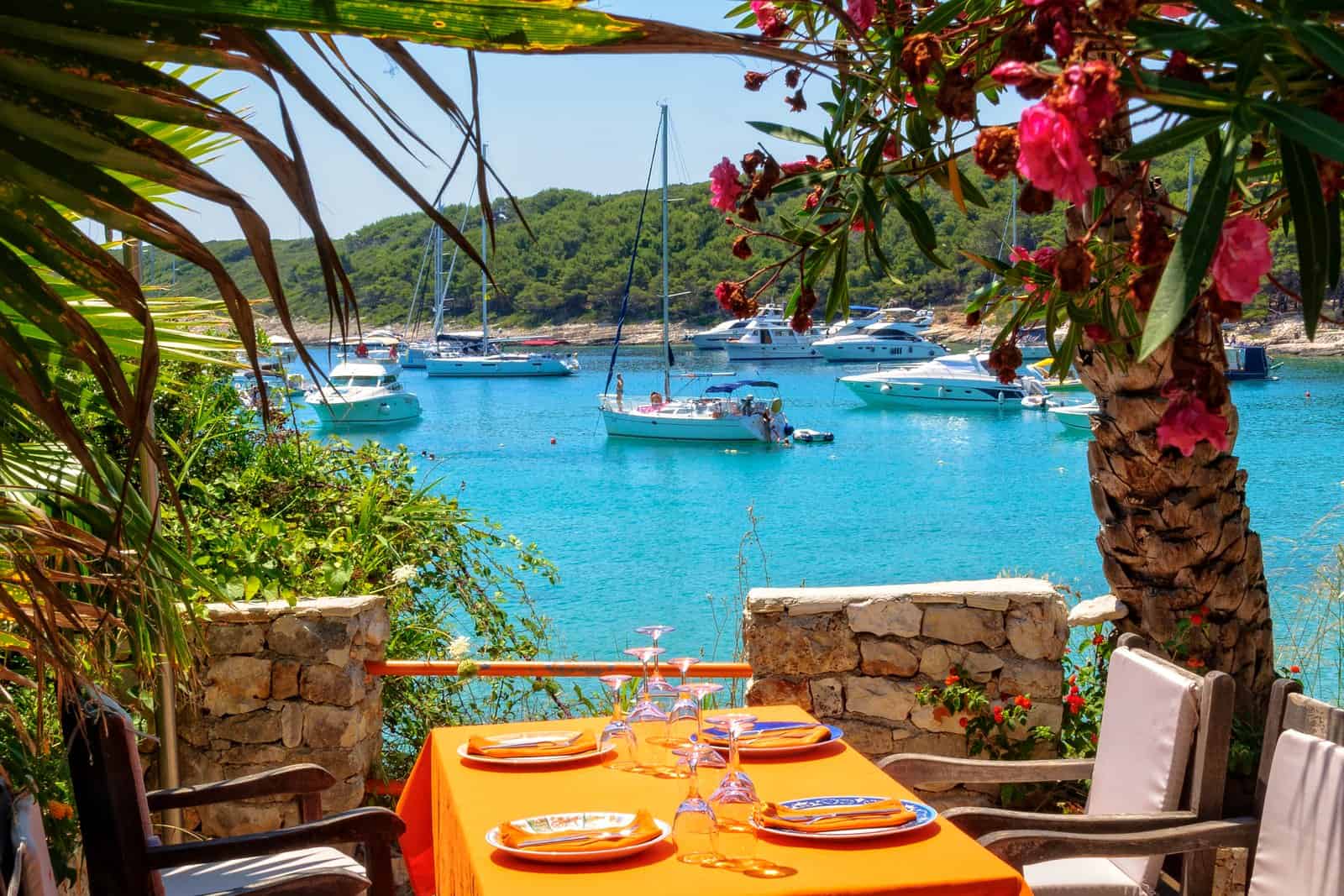 A table set on a stone terrace above a Hvar bay, oleander and a palm framing the view out to anchored boats
