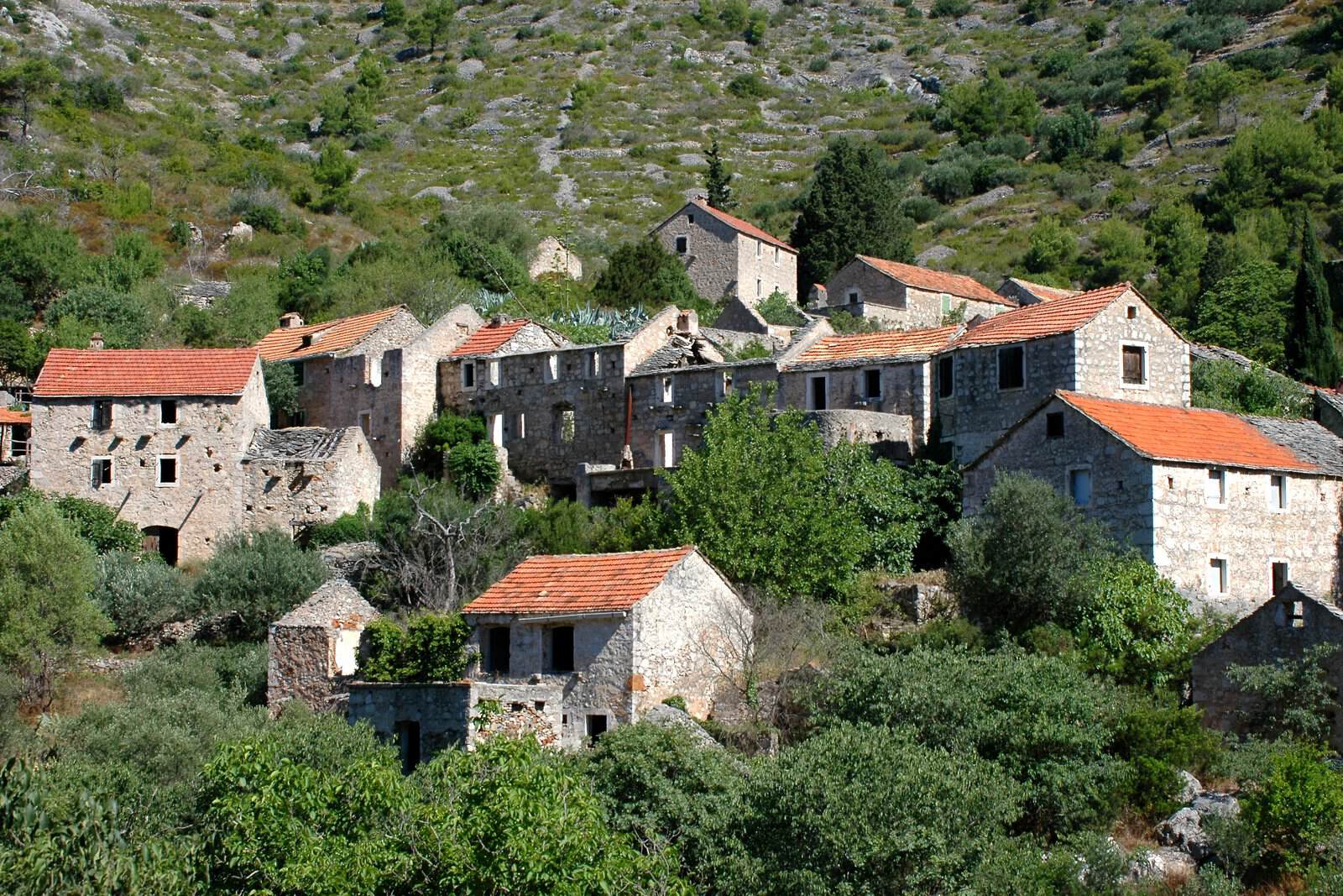 The abandoned stone village of Malo Grablje on Hvar, its roofless houses standing on the hillside
