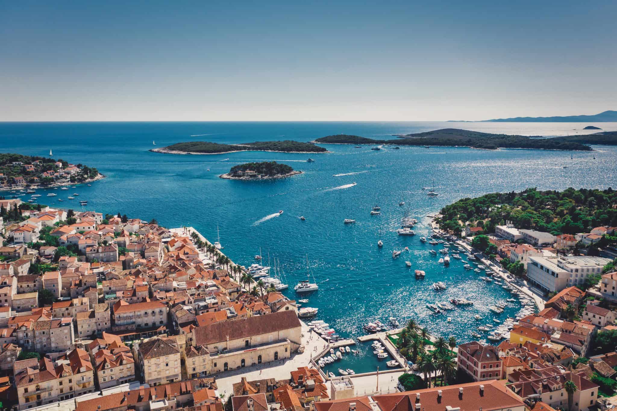 Galesnik islet at the entrance to Hvar harbour, with the town and the Pakleni islands around it