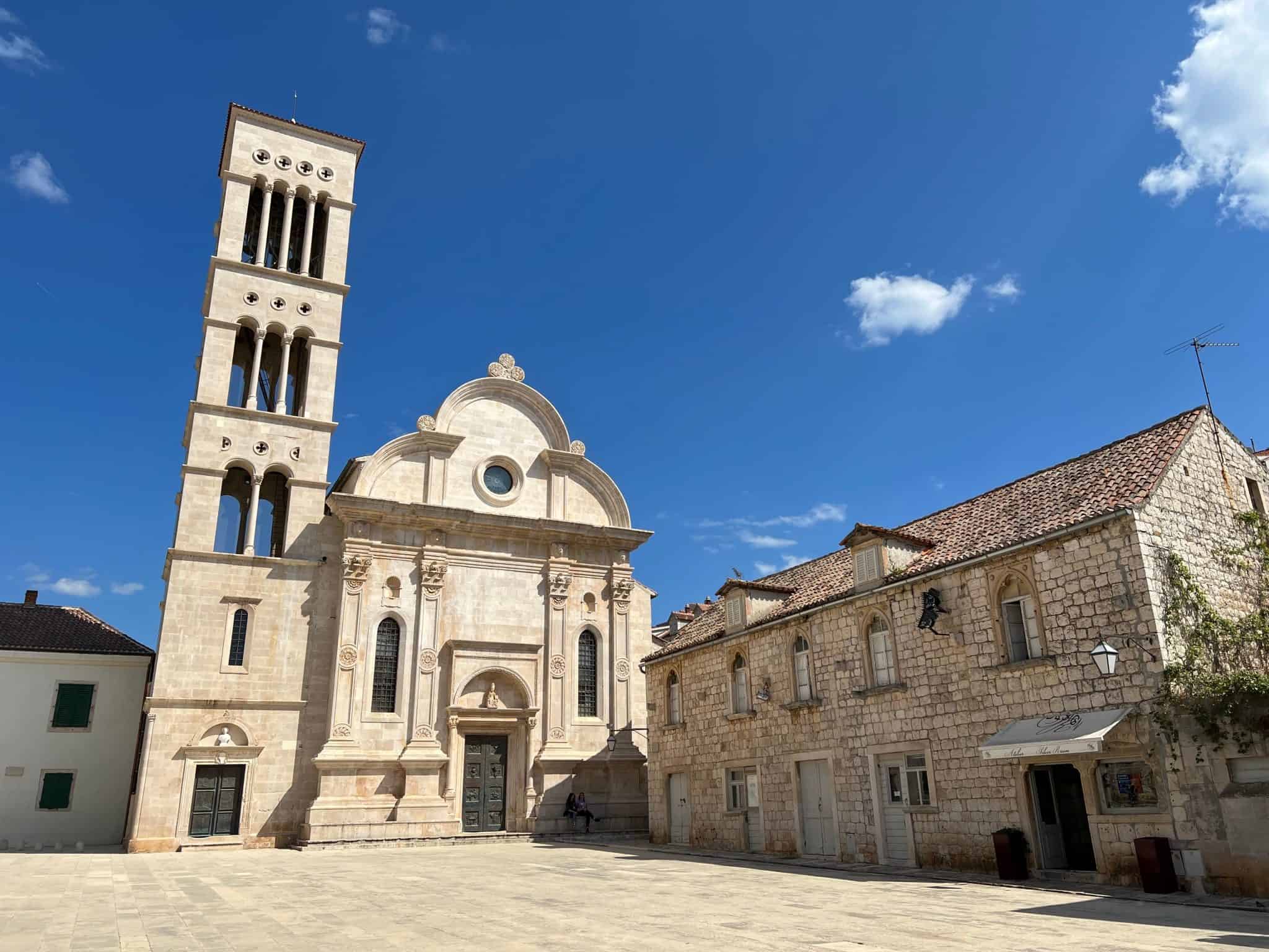 St Stephen&rsquo;s cathedral on the main square of Hvar town on a clear day